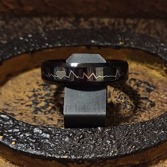 Men's Black Heartbeat Wedding Ring Band  - Heartbeat Wedding Ring For Him - Picture 6 of 7